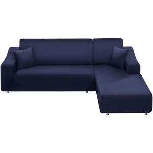 NAISI Couch Cover L Shape 2 Pieces Sofa Cover Soft Stretch Slipcovers with 2pcs Pillowcases Furniture Protector Sectional Couch Covers 3 Seater + 3 Seater(Navy)