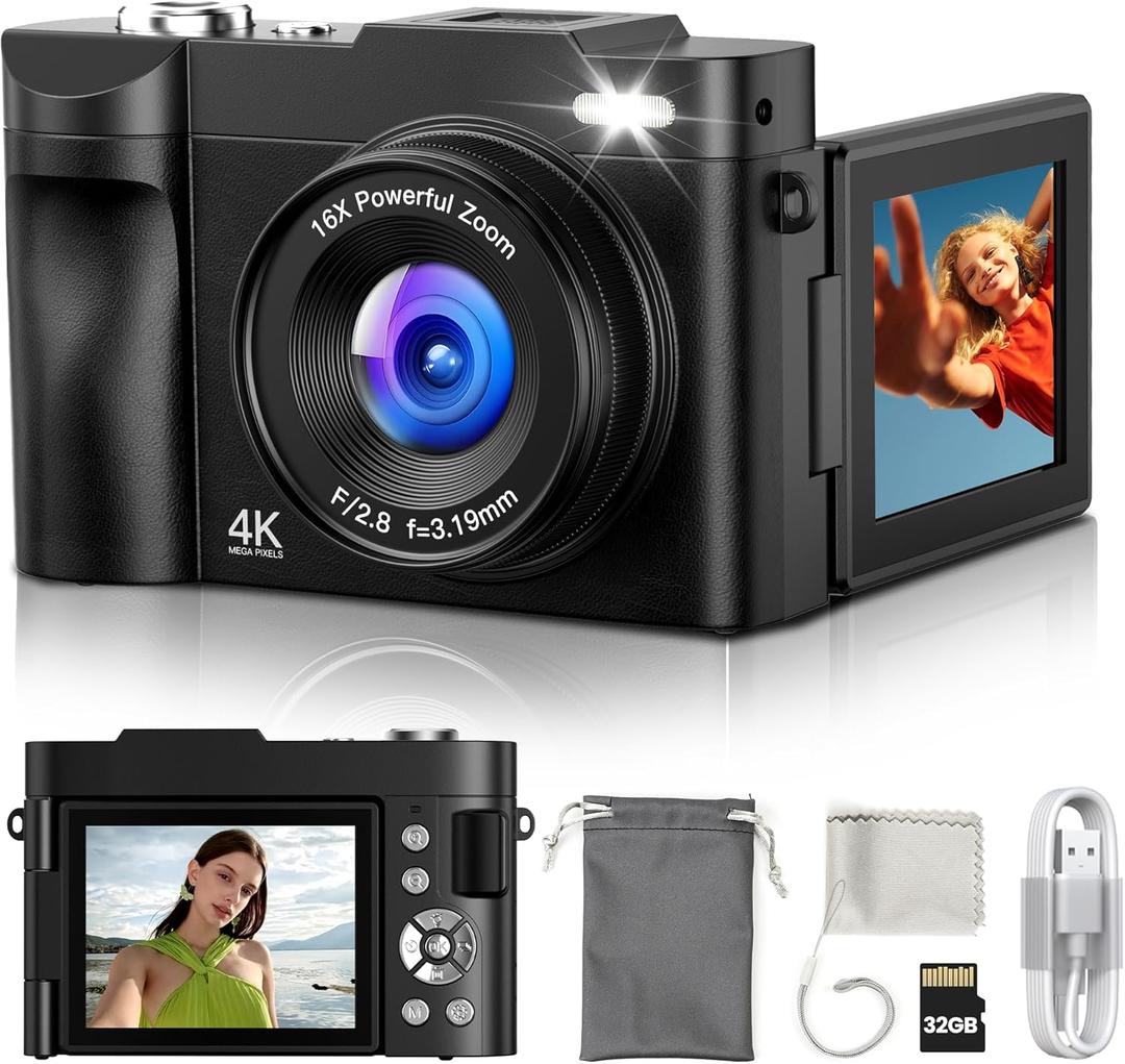 Digital Camera 4K for Photography Vlogging: 50MP Cameras for Video - 16X Zoom Photo Camera Gifts for Teens Ages 8-16 - 180Flip Screen Compact Cmara - Point and Shoot Digital Cameras for YouTube