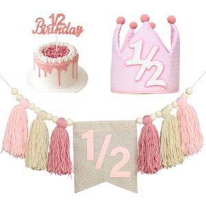 Birthday Decoration Set - High Chair Banner, Crown Theme Banner, Birthday Hat, Birthday Cake Topper, Photo Props, Pink Crown