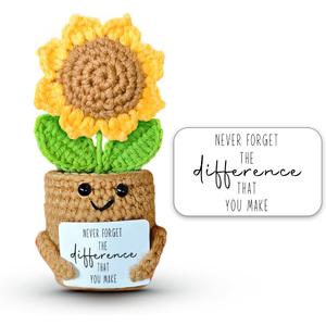 2 x Mini Sunflower Crochet Gift for Coworker Teacher Friend Boss, Going Away Retirement Goodbye Leaving Farewell Gifts for Women, Handmade Positive Plant with Card, Never Forget the Difference