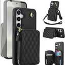 Phone Case for Samsung Galaxy S24 5G Wallet Cell Cover with Tempered Glass Screen Protector Wrist Crossbody Strap Lanyard Stand RFID Blocking Credit Card Holder S 24 24S G5 SM-S921U Women Girls Black