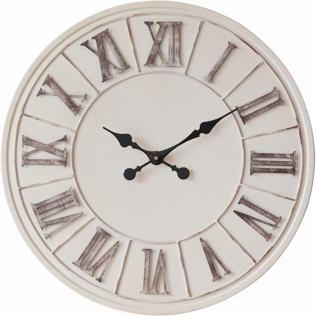 Large Farmhouse Wall Clock - 24 inch, Rustic Roman Numeral Big Wall Clock for Living Room Decor | Ivory White | Metal Face | Battery Operated