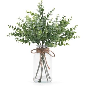 Artificial Eucalyptus Stem in Vase,Realistic Greenery Small Fake Eucalyptus Plant for Coffee Table Centerpieces Farmhouse Shelf Bathroom Home Office Desk Decor