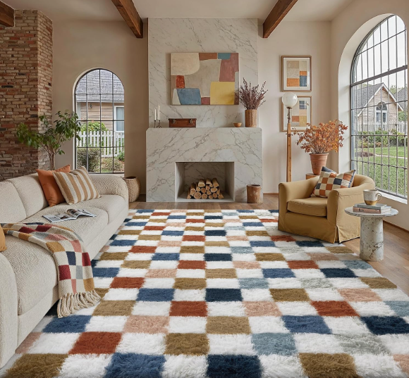 Checkered Area Rug 9x12 for Living Room Soft Fluffy Shag Carpet
Machine Washable, Non-Slip, Colorful, High Pile, Cozy for Bedroom, Kids Room, Nursery, Playroom, Classroom, Modern Decor