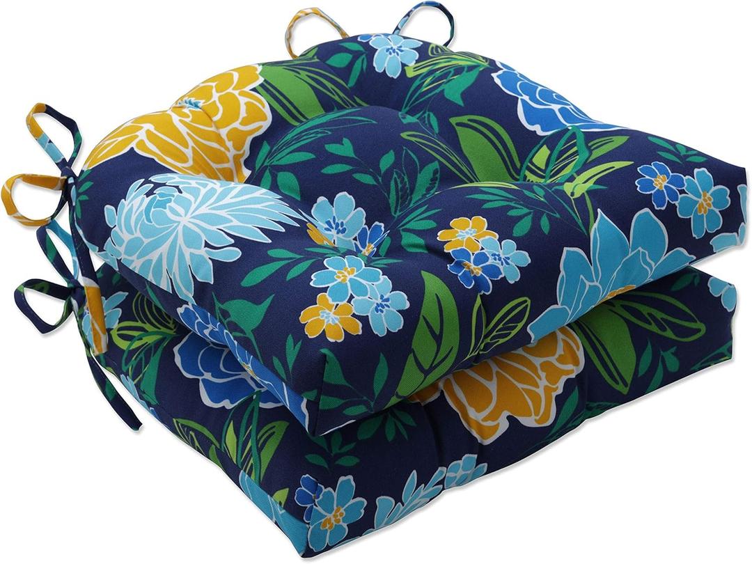 Pillow Perfect Floral Indoor/Outdoor Chairpad with Ties, Reversible, Tufted, Weather, and Fade Resistant, 15.5" x 16", Blue/Yellow Spring Bling, 2 Count