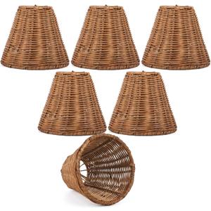 Rattan Lamp Shade Set of 6 Natural Rattan Clip-on Chandelier Lampshade Mini Handmade Woven Vintage Boho Farmhouse Wicker Table Light Cover for Candle Bulb(3.15" Top x 6" Bottom x 5.3" Height)