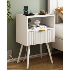 JOONEE White Nightstand with Outlet,Modern Bedside Table with Storage Drawer and Open Wood Shelf, for Living Room, Bedroom and Small Spaces, Accent Night Stand with Solid Wood Legs, Easy Assembly, 16.5 inches x 11.8 inches x 25.6 inches