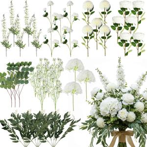 Suncalla 36 Pcs White Artificial Flowers Bouquet Set 8 Kind Faux Delphinium Rose Peony Chrysanthemum Hydrangea Baby's Breath Florals with Greenery Long Stem for Wedding Table Centerpiece Vase Decor