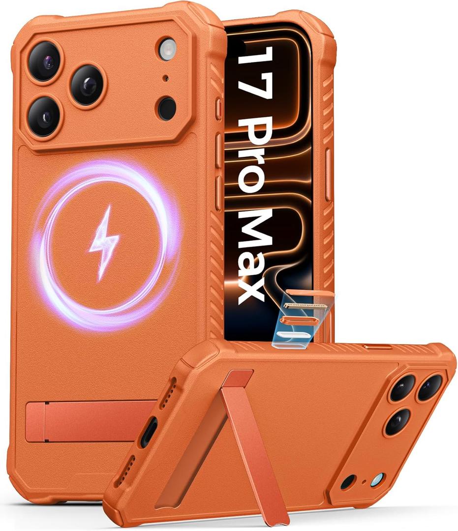 for iPhone 17 Pro Max Case with Kickstand & Camera Control Button, Compatible with MagSafe & Full Camera Protection, Rugged Shockproof Slim Cover Case for iPhone 17 Pro Max 6.9" 2025, Orange