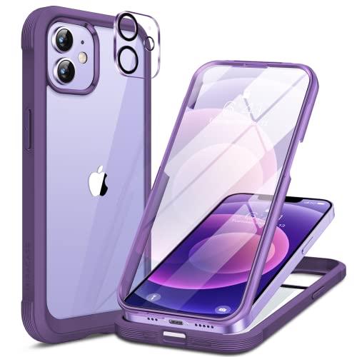 Miracase Glass Series for iPhone 12/12 Pro Case 6.1 inch, Upgraded Full-Body Rugged Phone Bumper Case Cover with Built-in 9H Tempered Glass Screen Protector and Camera Protector, Purple