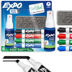 EXPO Low Odor Dry Erase Marker Set with White Board Eraser and Cleaner Chisel Tip Dry Erase Markers Assorted Colors 6 Piece Set with Whiteboard Cleaner