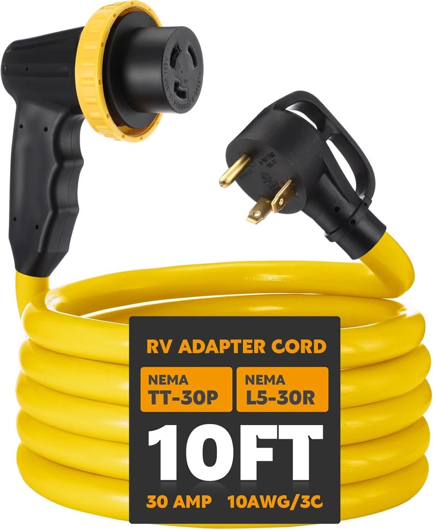Kanayu 10ft 30 Amp RV Adapter RV Extension Cord with Locking Connector Plug NEMA TT-30P to L5-30R, Generator Extension Power Cord Adapter Plug with 90 Grip Handle, 10AWG/3C STW, ETL Listed