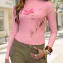 Fisoew Womens Cropped T Shirts Floral Print Mesh Long Sleeve Crew Neck Casual Tee Shirt Tops Y2K Going Out Outfits (Pink, S)