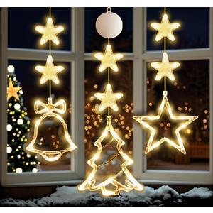 Hqyib 3 PCS Christmas Window Lights Decorations, Battery Powered Hanging Warm Lighted Star, Bell & Christmas Tree Shaped Shaped String LED Indoor for Xmas Tree, Window, Fireplace