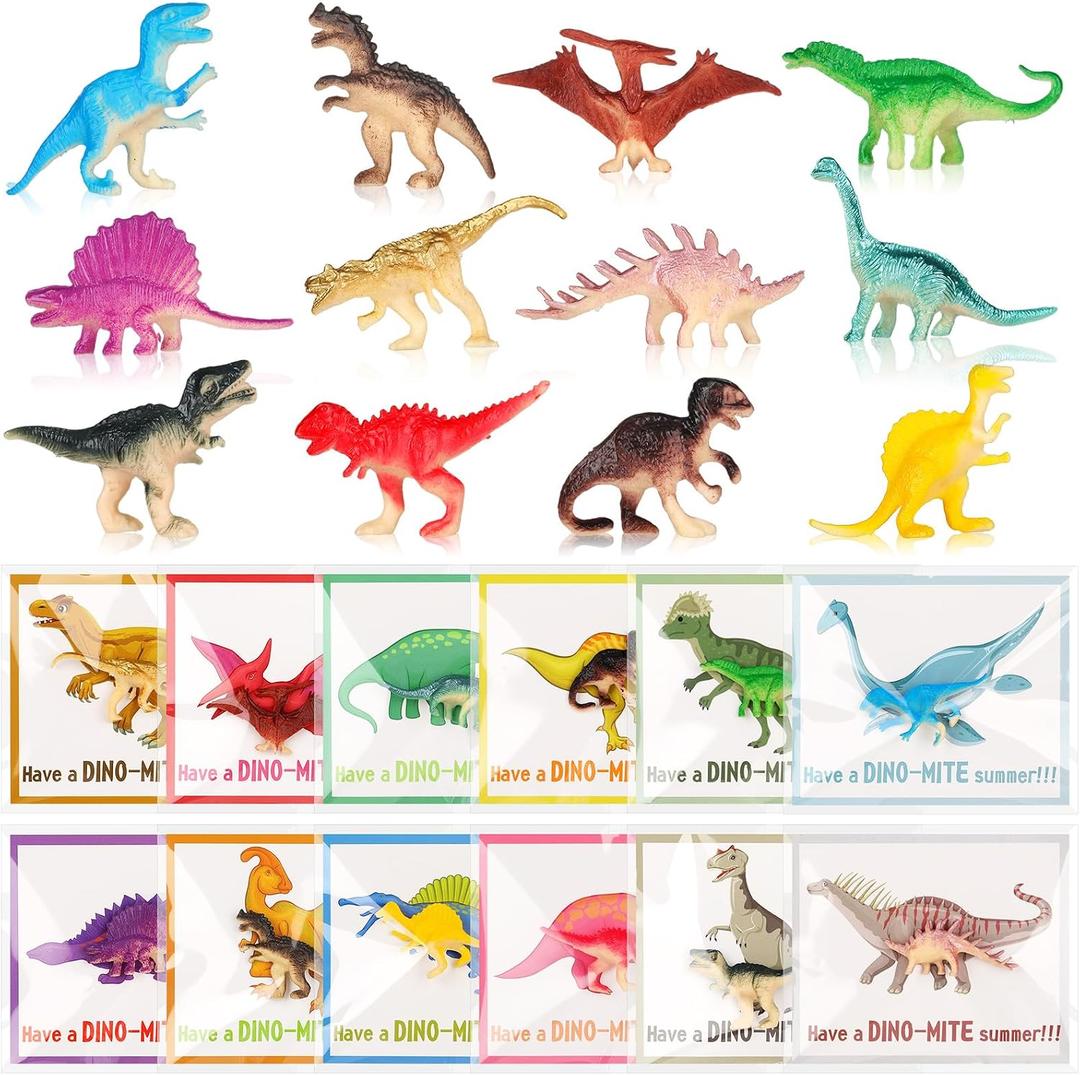 Soulchen 24 Sets Dinosaur Party Favors for Kids Birthday Party Supplies Dinosaur Figurines Have a Dino-mite Summer Cards with Bags Student Gifts