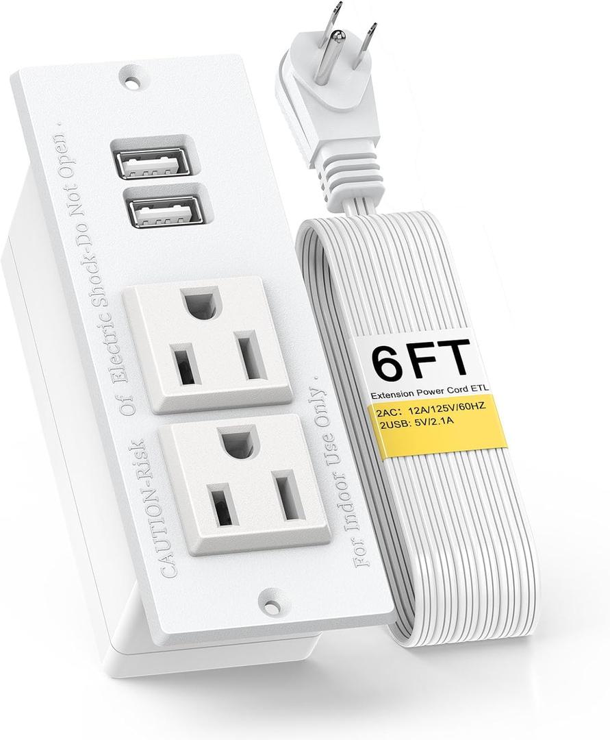 Recessed Outlet Desk Outlets with USB Ports Recessed Power Strip with 2-Socket 2-USB Charging Ports Desktop Power Grommet Charging Station with 6FT Extension Power Cord,Flat Plug (White)