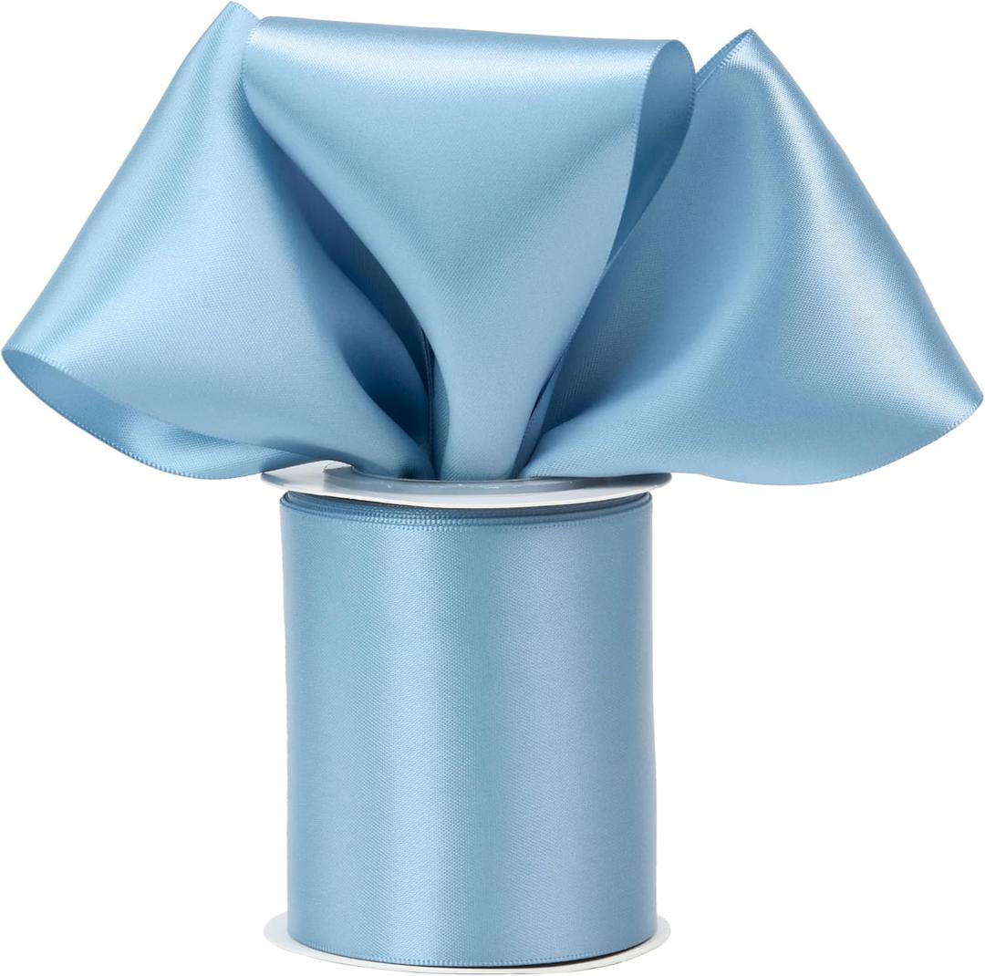 Dusty Blue 3 Inch Double Faced Satin Ribbon - Thick French Blue Silk Sash for Wedding Decor, Gift Wrapping, Party Favor, Flower Arrangement, Craft Supplies, Bows - 10 Yards