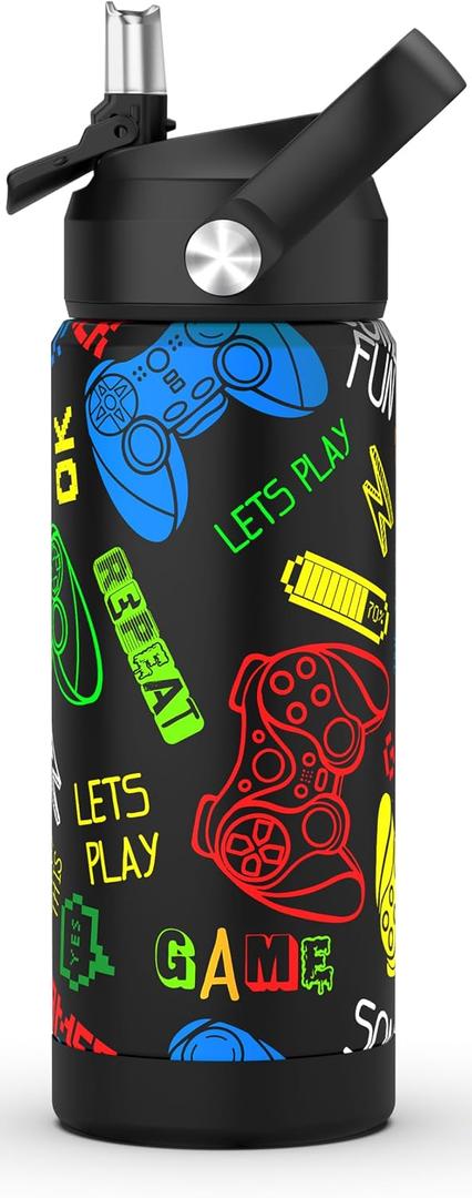 Boys Game Water Bottle for SchoolKids 18 oz Insulated Stainless Steel Cup with Straw, Double-Wall Vacuum Leakproof