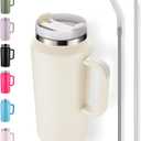 64oz Insulated Tumbler with Handle, Stainless Steel Double Wall Vacuumn Water Bottle, Lid and Straw for School, Gym, Hiking & Camping, Cream