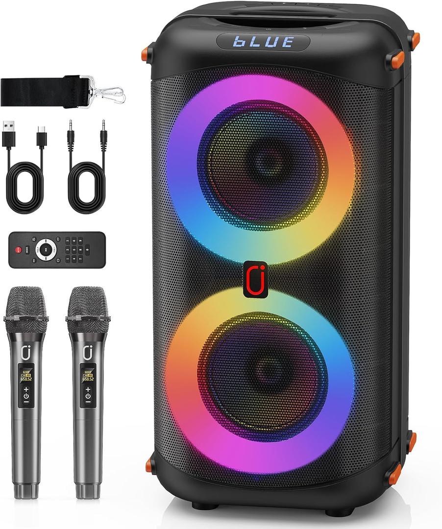 Karaoke Machine with 2 Wireless Microphones, Portable Bluetooth Karaoke Speaker for Adults, Big Party PA System with Dicso Lights & Dual 6.5" Stage Subwoofers for Home Outdoor, Ideal Gifts for All