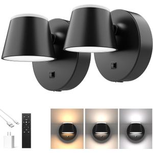 URSOLA Battery Operated Wall Lights Set of Two, LED Rechargeable Battery Wall Sconce with 9000mAh 3CCT and Dimmable Magnetic 360° Rotation Cordless Light for Bedroom (Black）