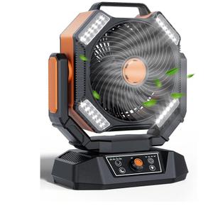 MORIKO 40000mAh Rechargeable Camping Fan,Battery Operated Portable Tent Fan with LED light,  Hook, 270°Pivot, Stepless Speed-Ideal for Camping, Picnic, Barbecue, Jobsite