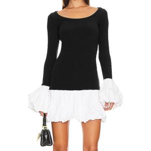 Women's 2025 Fall Dress Sexy Crew Neck Puffy Long Sleeve Bubble Party Club Bodycon Mini Dresses, S