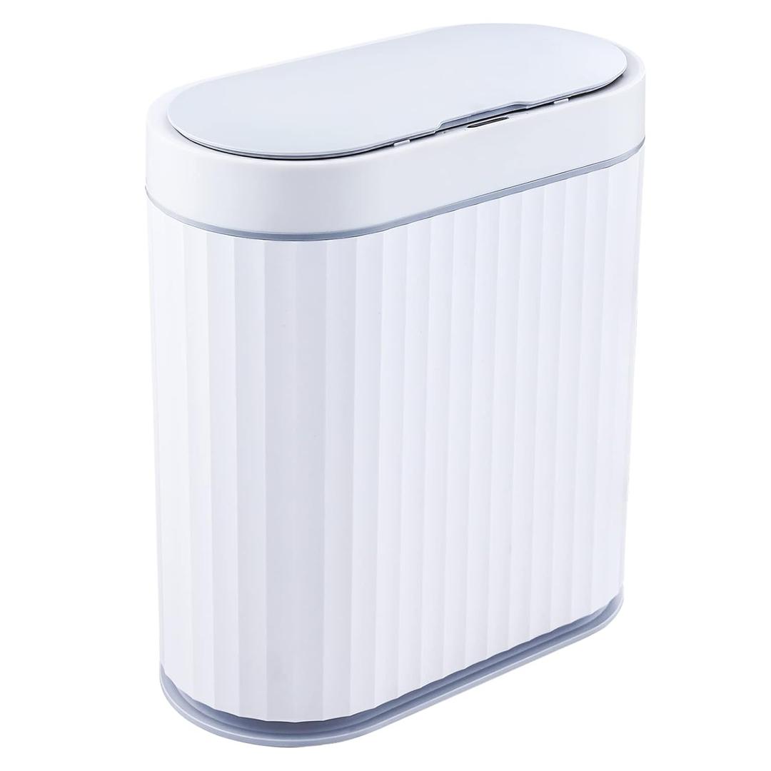 ELPHECO Bathroom Trash Can with lid - 2.5 Gallon Waterproof Sensor Trash Bin, 10 Liter Motion Sensor Trash Can, Slim Garbage Bin Bathroom Decor White with Grey Trim