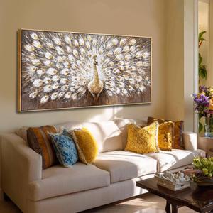 Framed Canvas Wall Art,White Peacock Bird Gold Pictures,Animal Beautiful Wall Decor Artwork for Bedroom Living Room Hallway 24"x48"
