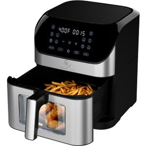 Kitchen EliteAir Fryer with 360 turbo airflow technology, 8 Preset Functions, 8 Qt Family Size with Probe Thermometer ,Nonstick Square Air Fryer Basket with Window, Auto Shut Off Feature, Black (Stainless Steel)