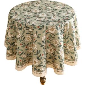 ISAENNE Designer Green Linen Small Round Tablecloth,Floral French Country Indoor Table Cloth,Stain Resistant Home Decor Tablecloths for Dining Kitchen Thanksgiving Party,Diameter 55"-Brune