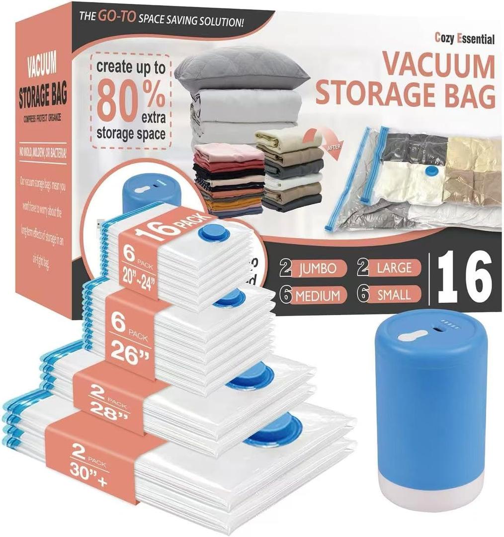 Cozy Essential Travel Vacuum Storage Bags with Rechargeable Cordless USB Pump for Luggage, Suitcase, Carry-on Size Vacuum Seal Compression Space Saver Bags for Clothes and Clothing, 16 Combo