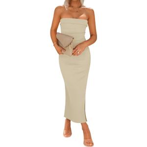 ZESICA Women's 2026 Summer Strapless Bodycon Midi Dress Off Shoulder Sleeveless Side Slit Tube Long Club Party Dresses (Beige, S)