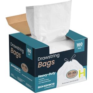 SONGMICS Trash Bags for 8-Gallon (30 L) Trash Cans, Drawstring Kitchen Garbage Bags, Pre-Separated, Quick-Dispense Box, Liner Code H, 4 Rolls, 160 Count, White UKRB031A04