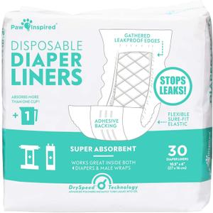 Paw Inspired Dog Diaper Liners | Inserts for Washable Covers, Female Dog Diapers, and Male Dog Belly Bands | Leakproof, Super Absorbent (30 Count)