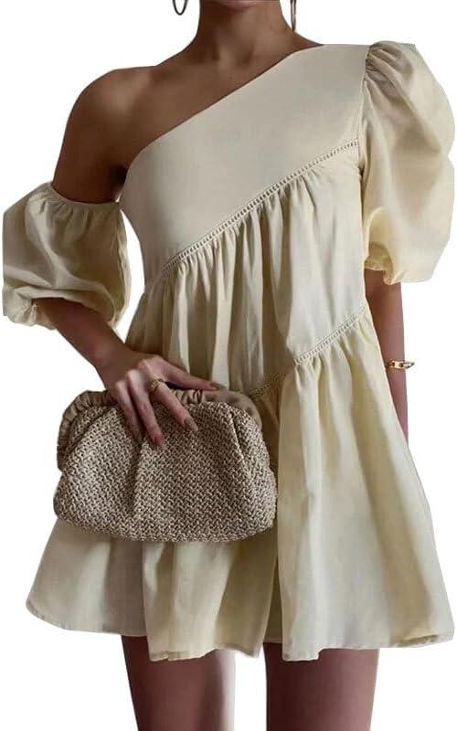 UOOZEE Women's Summer One Shoulder Mini Dress Puff Short Sleeve A Line Flowy Cocktail Party Club Short Dresses (Beige, XL)