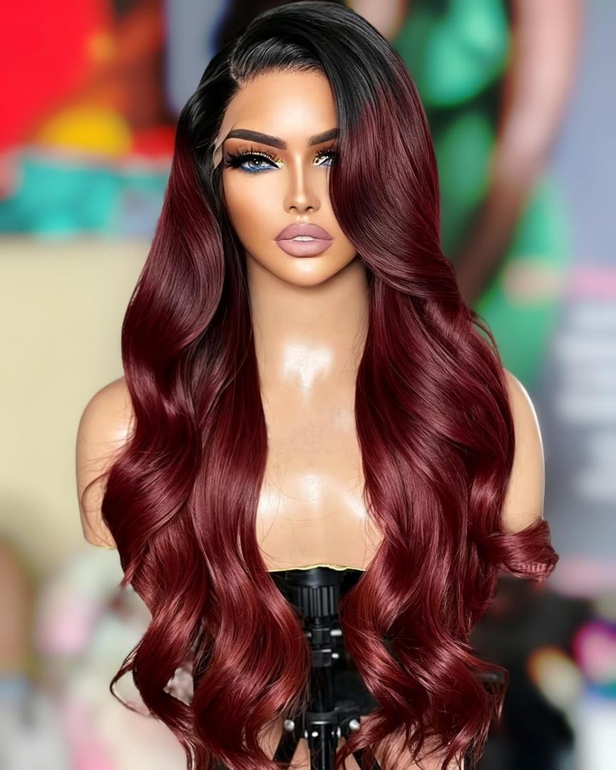 Synthetic 13x4 HD Lace Front Wigs Pre Plucked 26 Inch Long Wavy Ombre Burgundy with Black 100% Futura Premium Lace Wigs For Black Women Ready to Wear Daily Party Use