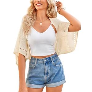 BB&KK Womens Summer Cardigan Crochet Shrug Bolero Sweaters Lightweight Batwing Sleeve Open Front Hollow-Out Cropped Knit Cover Up Ivory M 