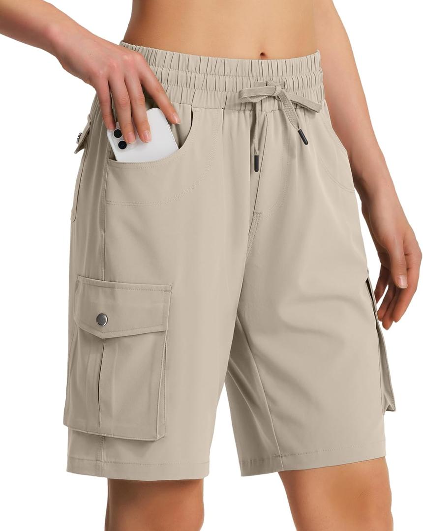Hugut Women's 9" Hiking Cargo Shorts Quick Dry Lightweight Summer Shorts for Camping Travel Golf 6 Pockets Khaki (Color: Beige) Large