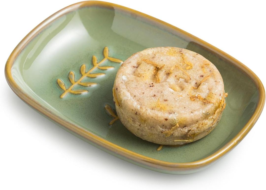 Soap Dish Soap Holder Shower, Ceramic Soap Dishes for Bar Soap Sponge, Shower Soap Dish Soap Saver Tray for Bathroom Kitchen Sink, Easy to Clean, Green (Leaf Design)