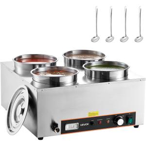 VEVOR Electric Soup Warmer, Four 6.34QT Stainless Steel Round Pot with 86~185F Adjustable Temp, 1500W Commercial Bain Marie with Anti-Dry Burn and Reset Button, Soup Station for Restaurant, Buffet