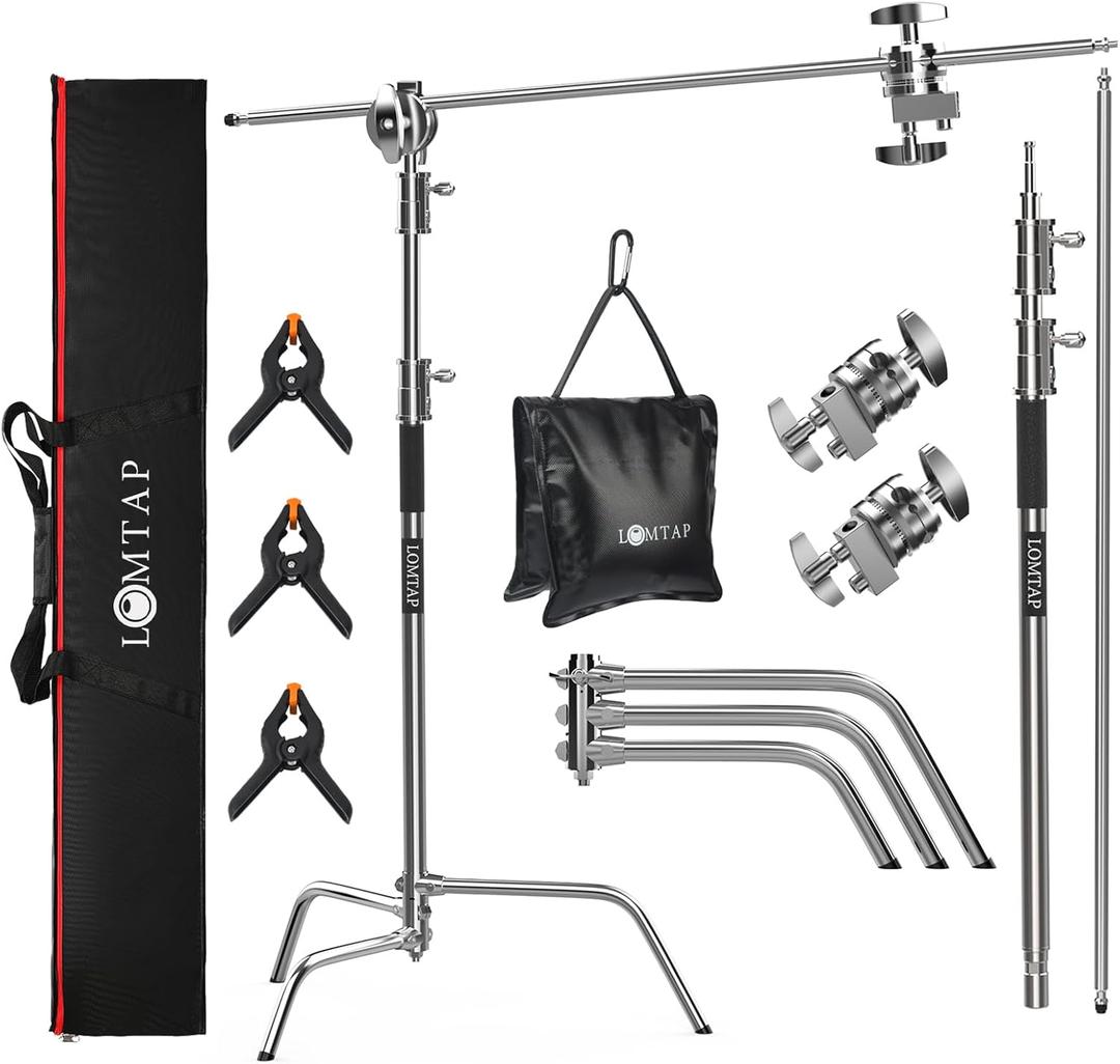 LOMTAP C Stand Light Stand Stainless Metal Photography Kit - Heavy Duty 10.8ft/330cm Vertical Pole, 4.2ft/128cm Boom Arm, Adjustable Base, Water Sandbag, 2 Grip Heads, 3 Clips for Softbox, Reflector (Silver)
