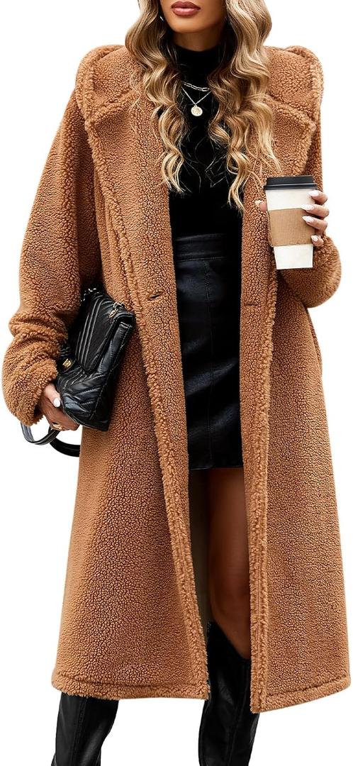 Women's Fuzzy Fleece Hooded Coat Winter Oversize Long Cardigan Jacket Warm Faux Fur Outwear with Pockets (Large, Camel)