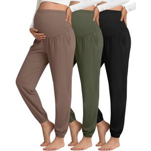3 Pack Women's Maternity Pants Maternity Jogger Sweatpants Over The Belly Stretchy Pregnancy Pants with Pockets (Medium, Coffee,army Green,black)