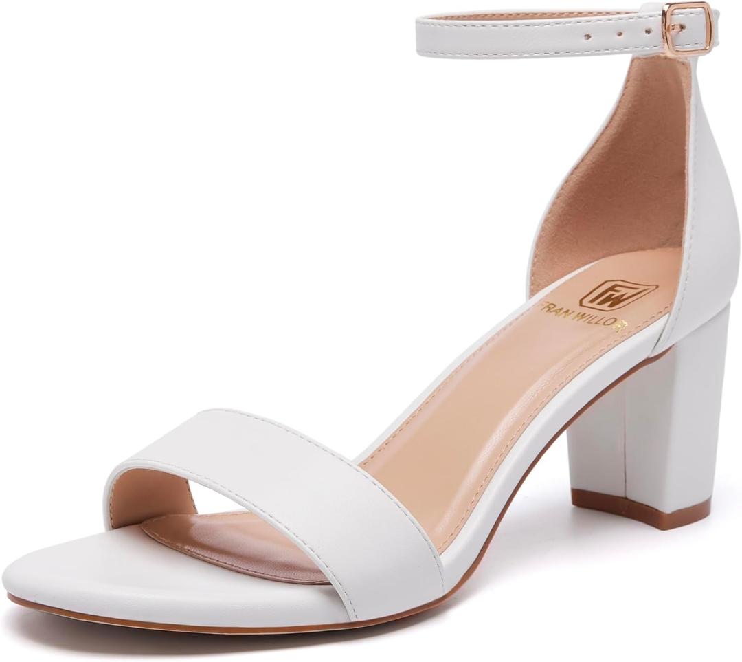 FW FRAN WILLOR Women Open Toe Low Chunky Short Heels Ankle Strap Block Heel Sandals Party Dress Wedding Pump Shoes 9.5