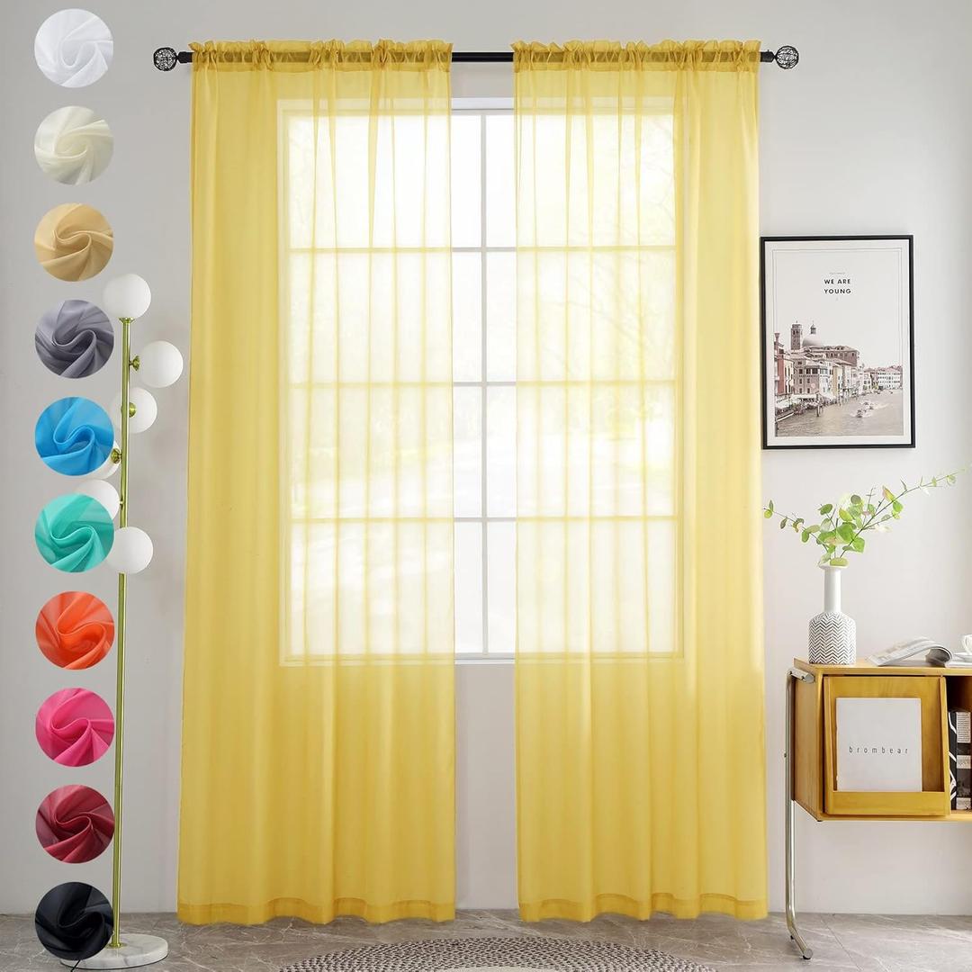 youleyar Solid Sheer Rod Pocket Curtain Voile Draperies 2 Panels White Beige Black Grey Coffee 52 Inch Width 45 Inch Long 1 Pair for Kitchen Bedroom Children Living Room Yard (Yellow,52W45L)