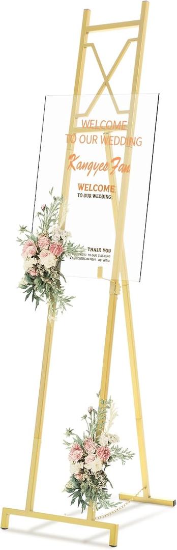 Feifeiya 1 Pack Gold Easel Stand for Sign, 53'' H Metal Display Easel Heavy Duty Large Poster Stand for Wedding Welcome Sign Art Painting Home Poster Photo Mirror, with Chain Support Structure