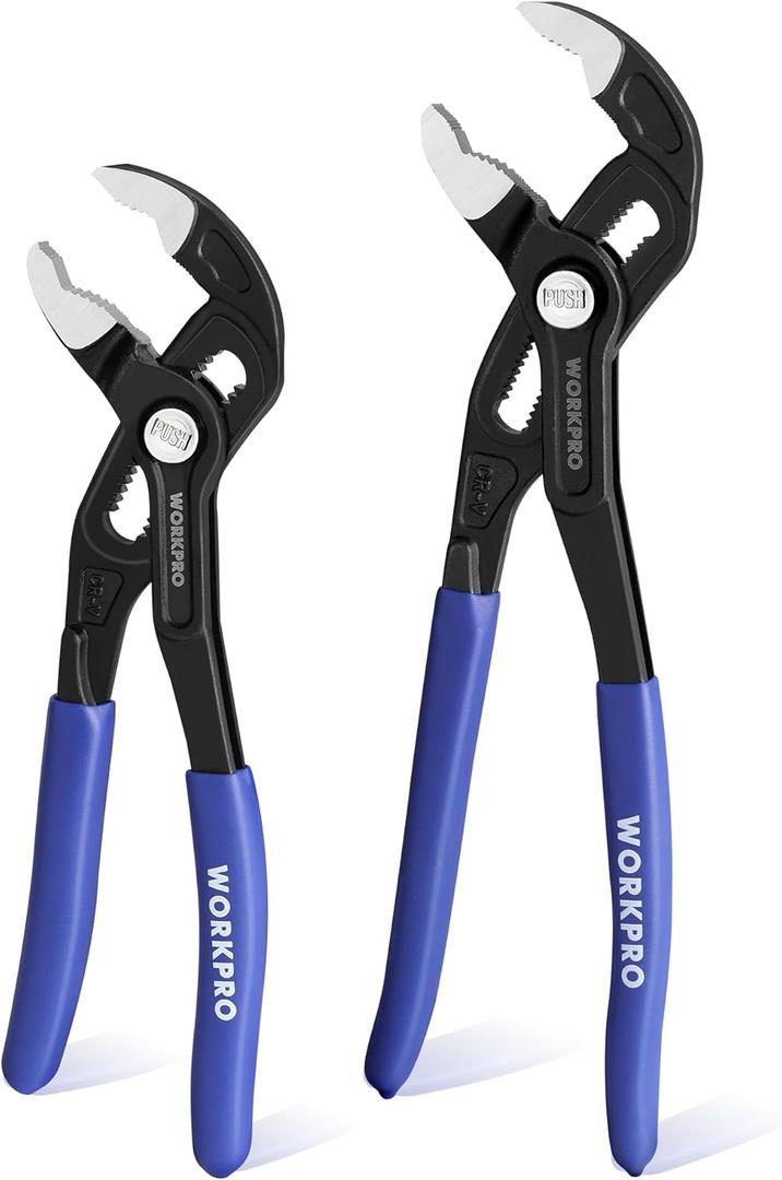 WORKPRO 7" & 10" Water Pump Pliers Set, V-Jaw Quick Adjustable Groove Joint Pliers, CR-V Tongue and Groove Pliers for Home & Industrial Repair, Push-Lock, Soft Grip, Upgraded Wide Opening