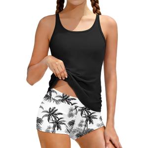 Girls Swimsuit Solid Color Girls Tankini Swimsuit with Shorts Criss Cross Back Adjustable Straps Bathing Suit 7-18T