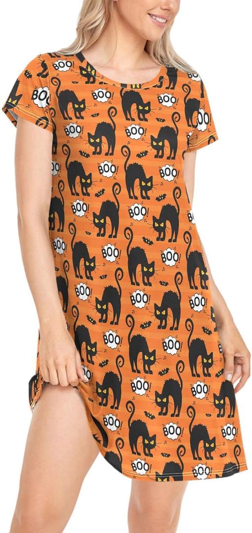 Naanle Womens Nightgown Halloween Boo Black Cats Bats Soft Short Sleeve Cute Ladies Loose Shirt Casual Daily Sexy Loungewear Girls Cloth House Dress,XXL